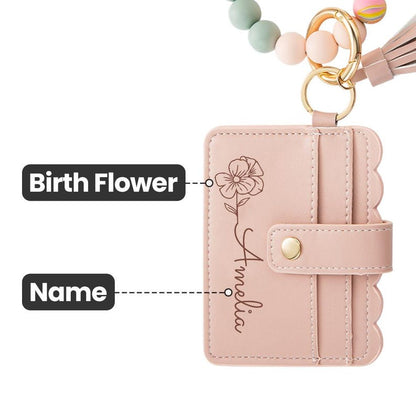 Personalized Birth Flower Keychain Wristlet Leather Wallet with Beaded Bracelet Custom Name Birthday Mother's Day Gift for Her Wrist Wallet