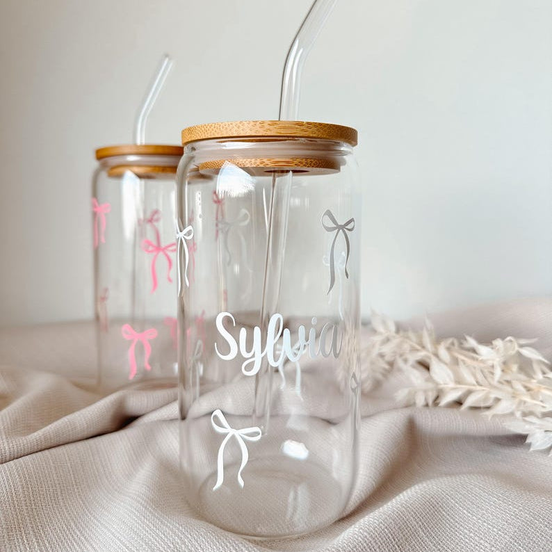 Drinking glass personalized / bows / gift / girlfriend / with name / glass with straw / iced coffee cup / birthday / Mother's Day mom