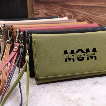 Engraved Leather Mom Kids Name gift, Mothers Day Special Wallet