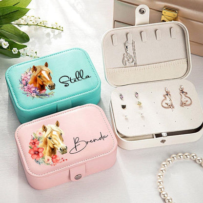 Personalized Birth Flower Horse Birthmark Portable Travel Leather Jewelry Box with Name Birthday Gift for Women Horse Lovers
