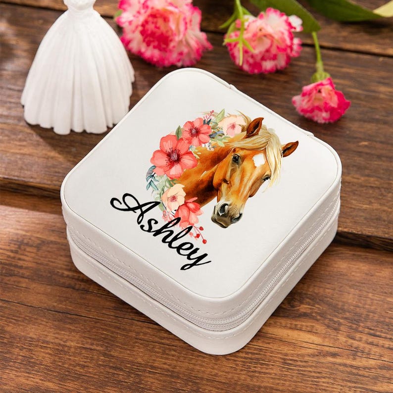 Personalized Birth Flower Horse Birthmark Portable Travel Leather Jewelry Box with Name Birthday Gift for Women Horse Lovers