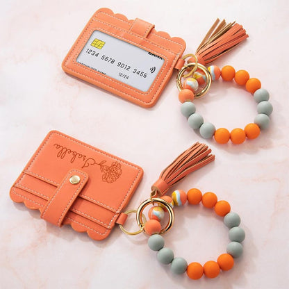 Personalized Birth Flower Keychain Wristlet Leather Wallet with Beaded Bracelet Custom Name Birthday Mother's Day Gift for Her Wrist Wallet