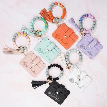 Personalized Birth Flower Keychain Wristlet Leather Wallet with Beaded Bracelet Custom Name Birthday Mother's Day Gift for Her Wrist Wallet