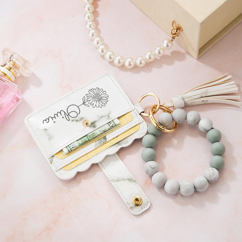 Personalized Birth Flower Keychain Wristlet Leather Wallet with Beaded Bracelet Custom Name Birthday Mother's Day Gift for Her Wrist Wallet