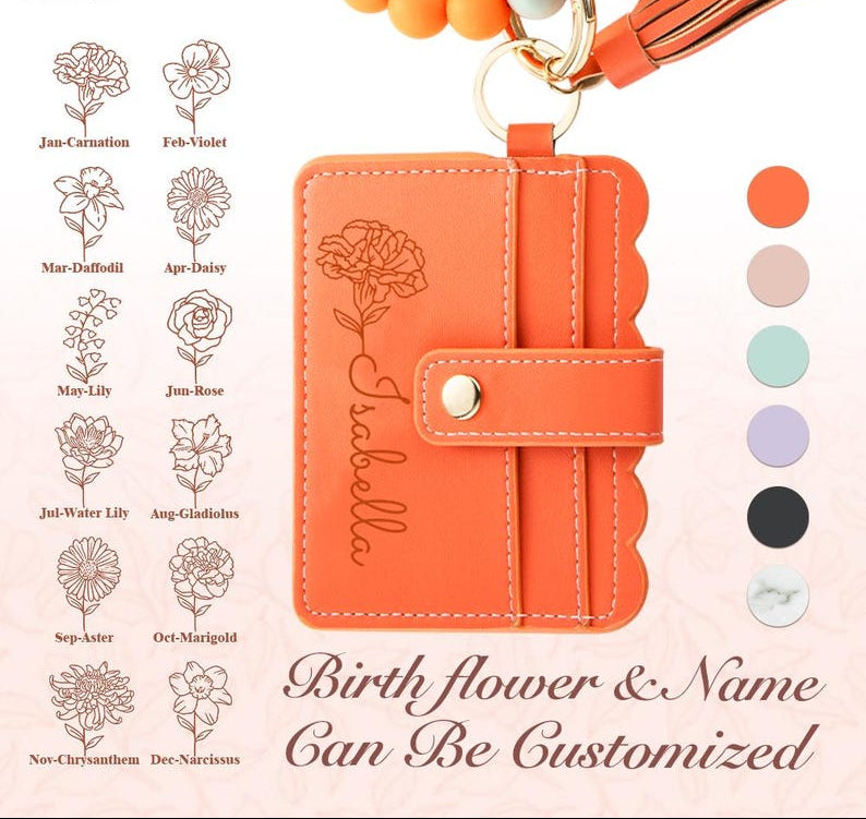 Personalized Birth Flower Keychain Wristlet Leather Wallet with Beaded Bracelet Custom Name Birthday Mother's Day Gift for Her Wrist Wallet