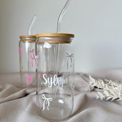Drinking glass personalized / bows / gift / girlfriend / with name / glass with straw / iced coffee cup / birthday / Mother's Day mom