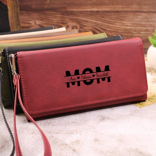 Engraved Leather Mom Kids Name gift, Mothers Day Special Wallet