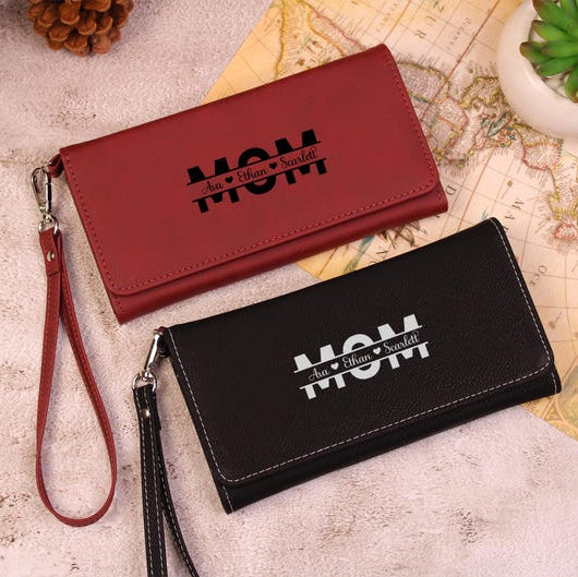 Engraved Leather Mom Kids Name gift, Mothers Day Special Wallet