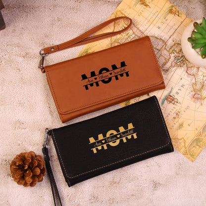 Engraved Leather Mom Kids Name gift, Mothers Day Special Wallet