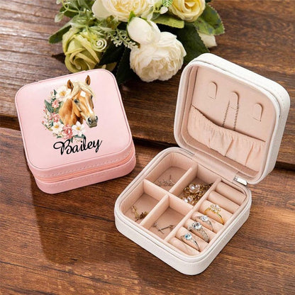Personalized Birth Flower Horse Birthmark Portable Travel Leather Jewelry Box with Name Birthday Gift for Women Horse Lovers