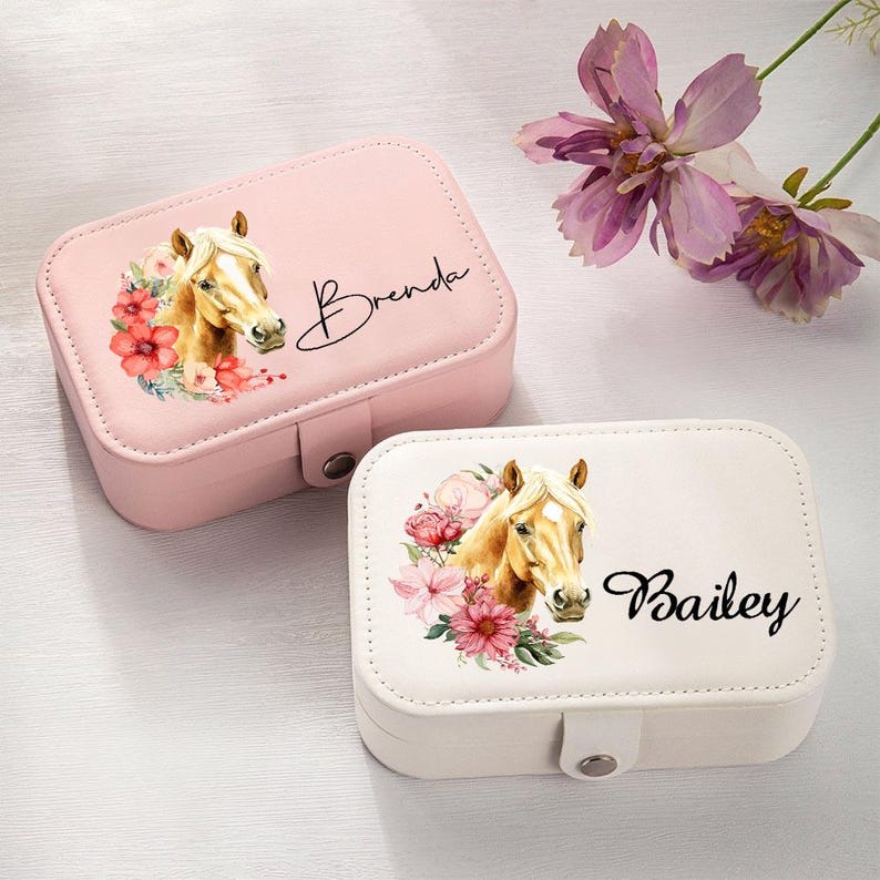 Personalized Birth Flower Horse Birthmark Portable Travel Leather Jewelry Box with Name Birthday Gift for Women Horse Lovers