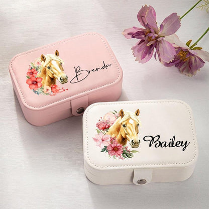 Personalized Birth Flower Horse Birthmark Portable Travel Leather Jewelry Box with Name Birthday Gift for Women Horse Lovers