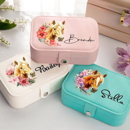 Personalized Birth Flower Horse Birthmark Portable Travel Leather Jewelry Box with Name Birthday Gift for Women Horse Lovers