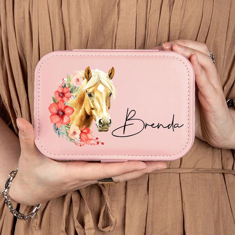 Personalized Birth Flower Horse Birthmark Portable Travel Leather Jewelry Box with Name Birthday Gift for Women Horse Lovers