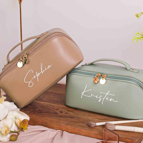 Personalized Leather Embroidered Makeup Bag, Custom Large Capacity Cosmetic Bag, Gift for Women, Gifts for Her, Gift for Mom