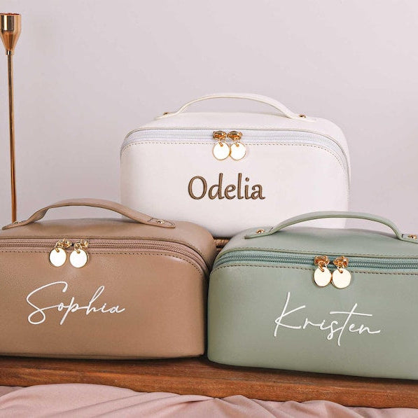 Personalized Leather Embroidered Makeup Bag, Custom Large Capacity Cosmetic Bag, Gift for Women, Gifts for Her, Gift for Mom