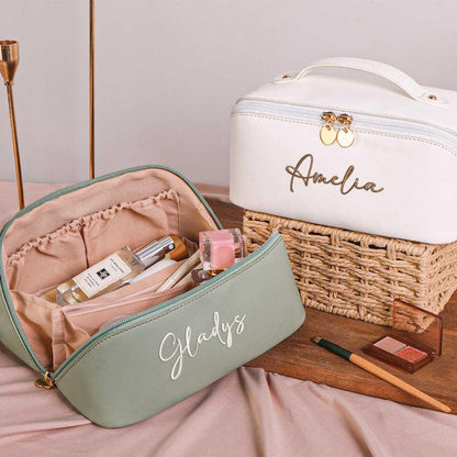 Personalized Leather Embroidered Makeup Bag, Custom Large Capacity Cosmetic Bag, Gift for Women, Gifts for Her, Gift for Mom
