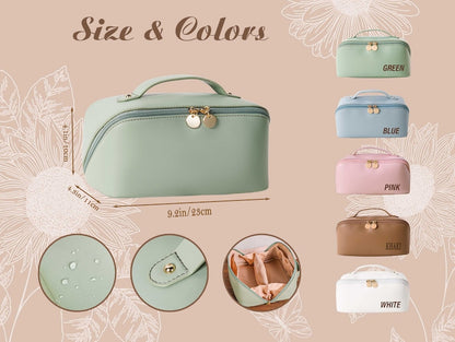 Personalized Leather Embroidered Makeup Bag, Custom Large Capacity Cosmetic Bag, Gift for Women, Gifts for Her, Gift for Mom