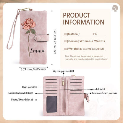 Personalized Leather Wallet for Women, Custom Birth Flower Wallet with Name,Bridesmaid Gift,Mother's Day Gift,Gifts for Her,Gift For Mom