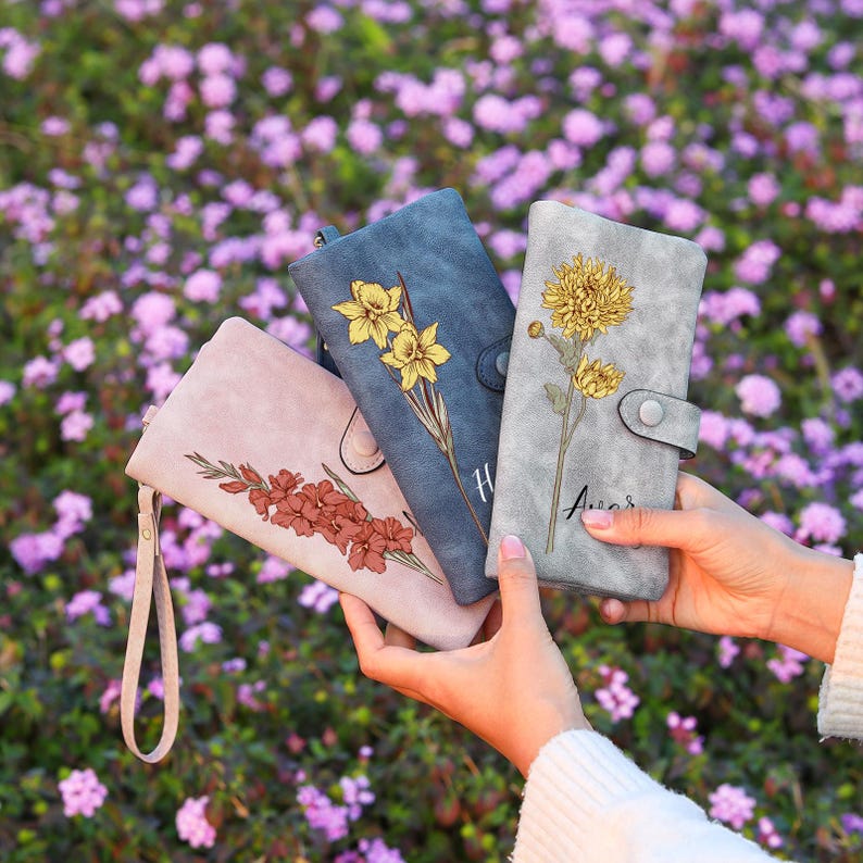 Personalized Leather Wallet for Women, Custom Birth Flower Wallet with Name,Bridesmaid Gift,Mother's Day Gift,Gifts for Her,Gift For Mom