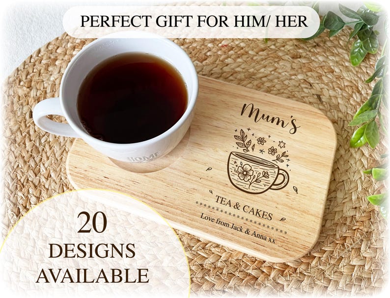 Personalised Engraved Wooden Tea Tray Biscuit Board Drink Coffee Cake Snack Serving Board Mothers Day Gift Birthday Grandad Dad Nan Mum Him