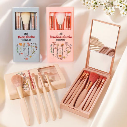 Personalized 1-12 Birth Flower Names Makeup Brush Box Set with 5 Pcs Brushes and Mirror Travel Accessories Mother's Day Gift for Mom Grandma