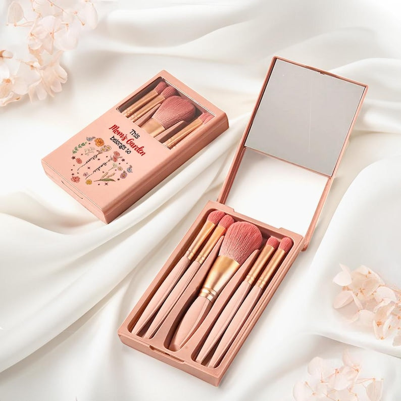 Personalized 1-12 Birth Flower Names Makeup Brush Box Set with 5 Pcs Brushes and Mirror Travel Accessories Mother's Day Gift for Mom Grandma