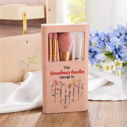 Personalized 1-12 Birth Flower Names Makeup Brush Box Set with 5 Pcs Brushes and Mirror Travel Accessories Mother's Day Gift for Mom Grandma
