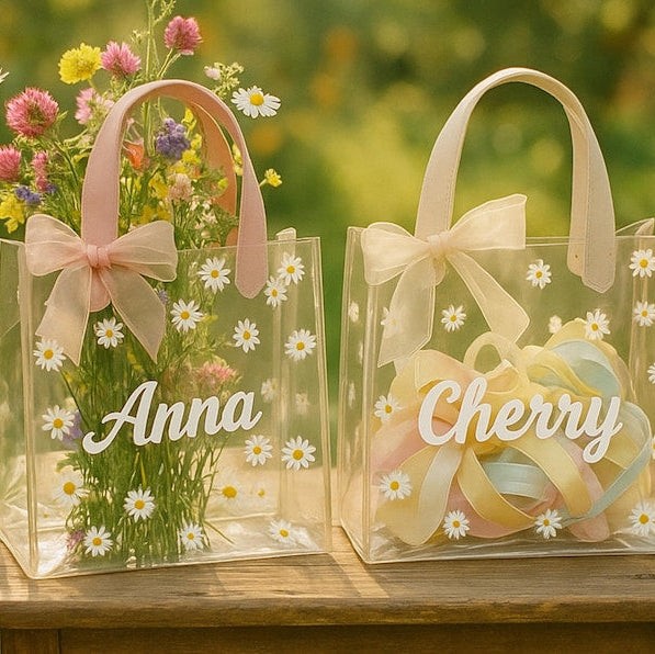Personalized Clear Daisy Tote | Flower Girl Gift Bag | Bridesmaid Gift | Custom Name Bag Wedding Party Gift Bridal Shower Baby Shower Easter