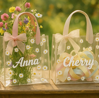 Personalized Clear Daisy Tote | Flower Girl Gift Bag | Bridesmaid Gift | Custom Name Bag Wedding Party Gift Bridal Shower Baby Shower Easter