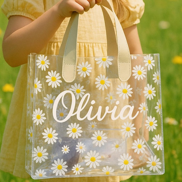 Personalized Clear Daisy Tote | Flower Girl Gift Bag | Bridesmaid Gift | Custom Name Bag Wedding Party Gift Bridal Shower Baby Shower Easter