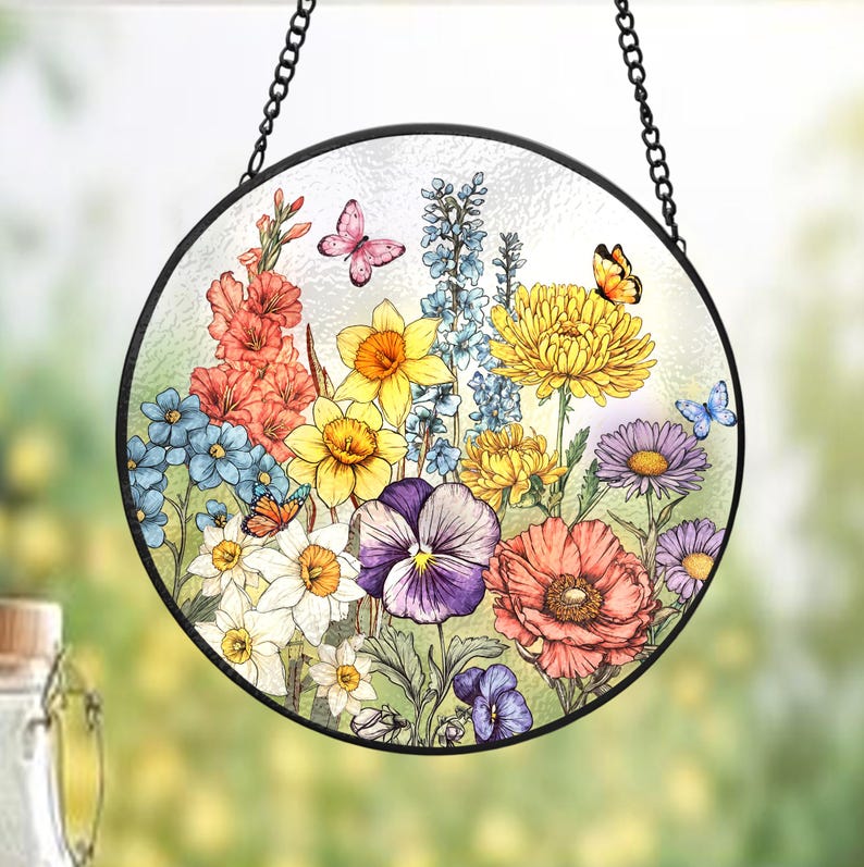 Custom Family Birth Flowers Glass Suncatcher, Custom Mom's Garden Gift, Flower Glass Art, Birth Flower Gift, Mother's Day Gift, Home Decor