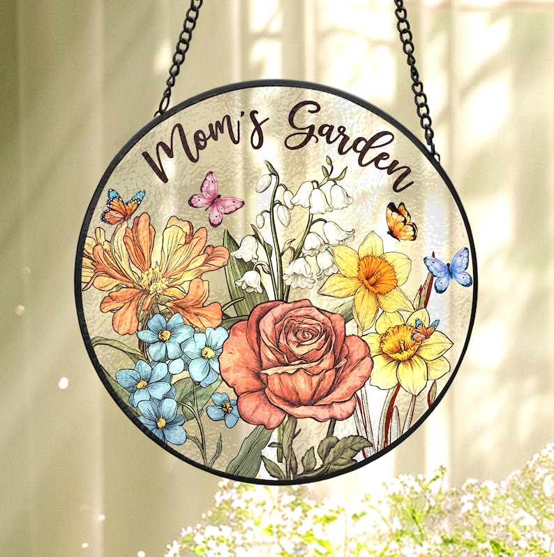 Custom Family Birth Flowers Glass Suncatcher, Custom Mom's Garden Gift, Flower Glass Art, Birth Flower Gift, Mother's Day Gift, Home Decor