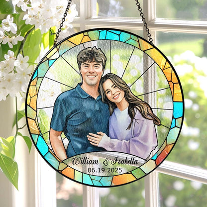 Stained Glass Custom Photo Suncatcher Mother's Day Gift, Wedding Anniversary Couple Potrait Window Decor Gift For Husband/Wife/Grandparents