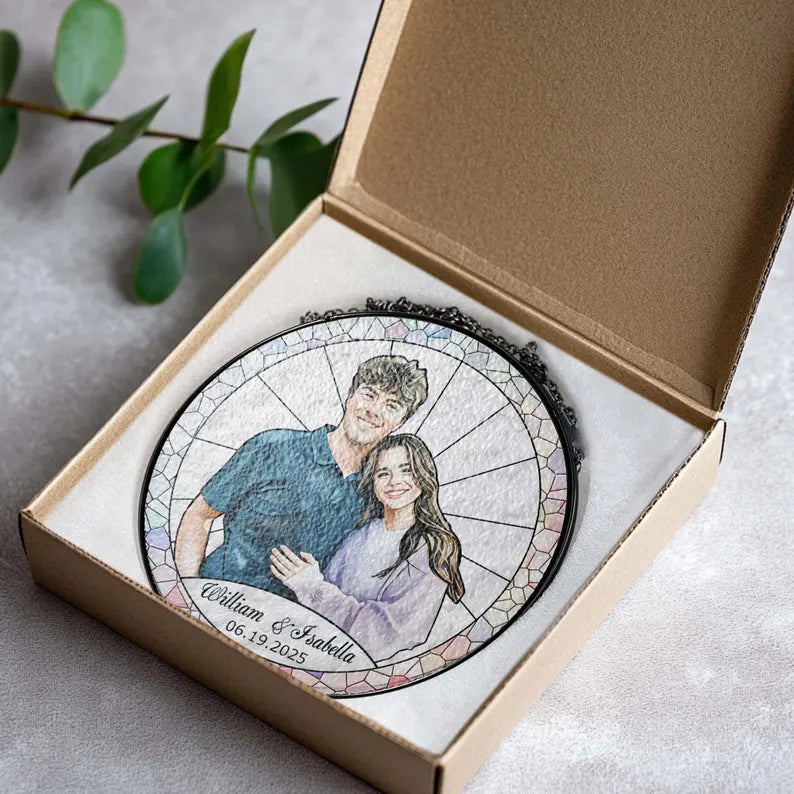 Stained Glass Custom Photo Suncatcher Mother's Day Gift, Wedding Anniversary Couple Potrait Window Decor Gift For Husband/Wife/Grandparents