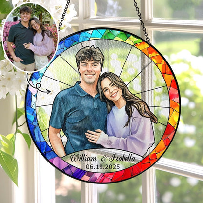 Stained Glass Custom Photo Suncatcher Mother's Day Gift, Wedding Anniversary Couple Potrait Window Decor Gift For Husband/Wife/Grandparents