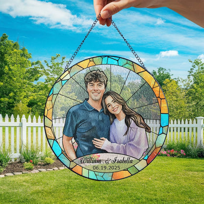 Stained Glass Custom Photo Suncatcher Mother's Day Gift, Wedding Anniversary Couple Potrait Window Decor Gift For Husband/Wife/Grandparents