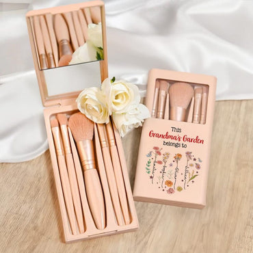 Personalized 1-12 Birth Flower Names Makeup Brush Box Set with 5 Pcs Brushes and Mirror Travel Accessories Mother's Day Gift for Mom Grandma