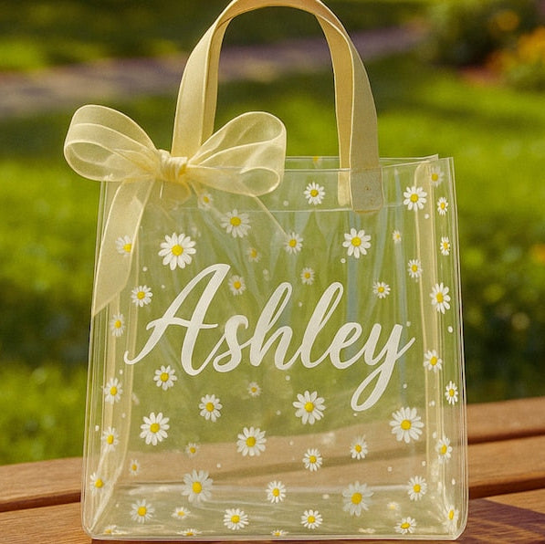 Personalized Clear Daisy Tote | Flower Girl Gift Bag | Bridesmaid Gift | Custom Name Bag Wedding Party Gift Bridal Shower Baby Shower Easter