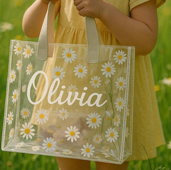 Personalized Clear Daisy Tote | Flower Girl Gift Bag | Bridesmaid Gift | Custom Name Bag Wedding Party Gift Bridal Shower Baby Shower Easter