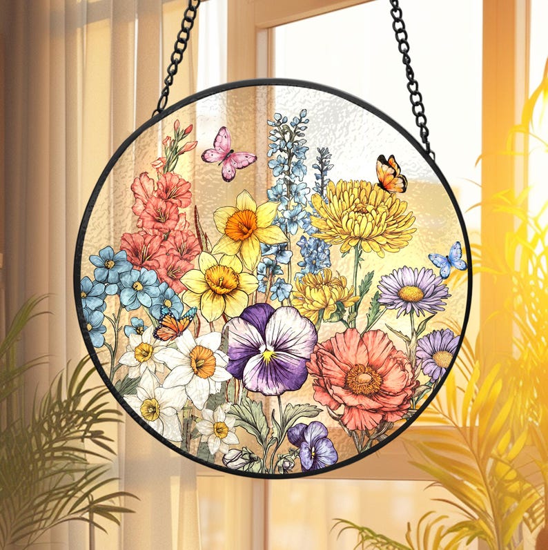 Custom Family Birth Flowers Glass Suncatcher, Custom Mom's Garden Gift, Flower Glass Art, Birth Flower Gift, Mother's Day Gift, Home Decor