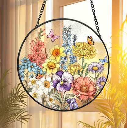 Custom Family Birth Flowers Glass Suncatcher, Custom Mom's Garden Gift, Flower Glass Art, Birth Flower Gift, Mother's Day Gift, Home Decor