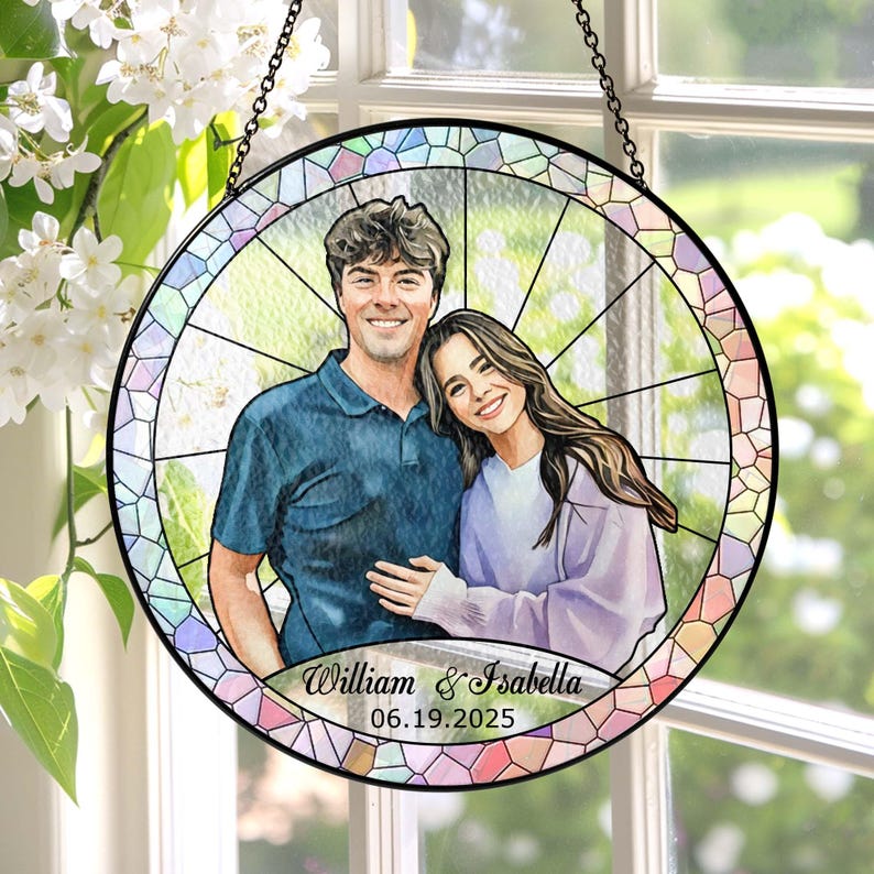 Stained Glass Custom Photo Suncatcher Mother's Day Gift, Wedding Anniversary Couple Potrait Window Decor Gift For Husband/Wife/Grandparents
