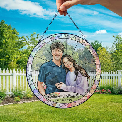 Stained Glass Custom Photo Suncatcher Mother's Day Gift, Wedding Anniversary Couple Potrait Window Decor Gift For Husband/Wife/Grandparents