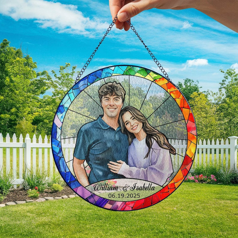 Stained Glass Custom Photo Suncatcher Mother's Day Gift, Wedding Anniversary Couple Potrait Window Decor Gift For Husband/Wife/Grandparents