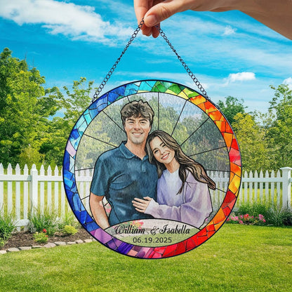Stained Glass Custom Photo Suncatcher Mother's Day Gift, Wedding Anniversary Couple Potrait Window Decor Gift For Husband/Wife/Grandparents