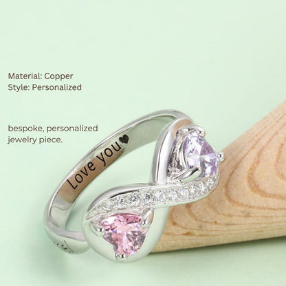Personalized Infinity Ring | Two Custom Birthstones, Engraved Band, Sterling Silver