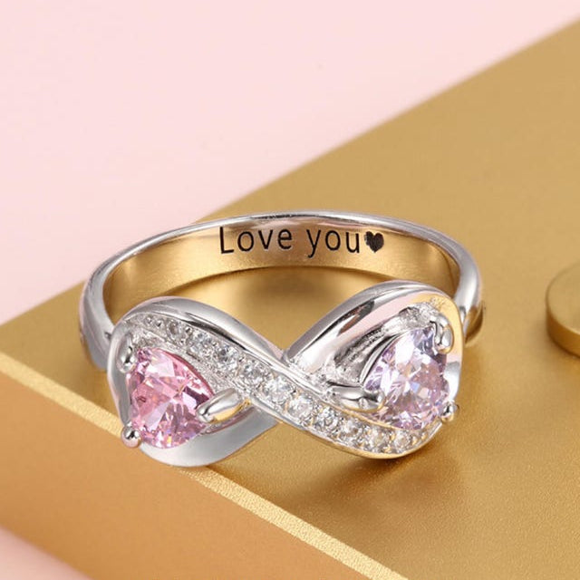 Personalized Infinity Ring | Two Custom Birthstones, Engraved Band, Sterling Silver