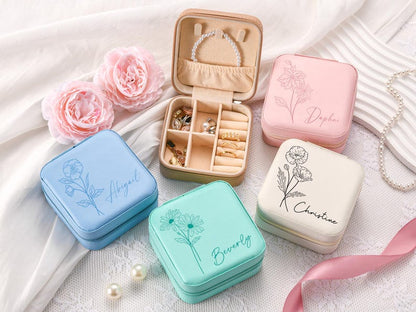 Personalized Bridesmaid Gift,Wedding Gift,Travel Jewelry Case with Name,Birth Flower Jewelry Case,Custom Leather Jewelry Box, Gift for Her
