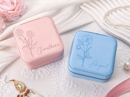 Personalized Bridesmaid Gift,Wedding Gift,Travel Jewelry Case with Name,Birth Flower Jewelry Case,Custom Leather Jewelry Box, Gift for Her